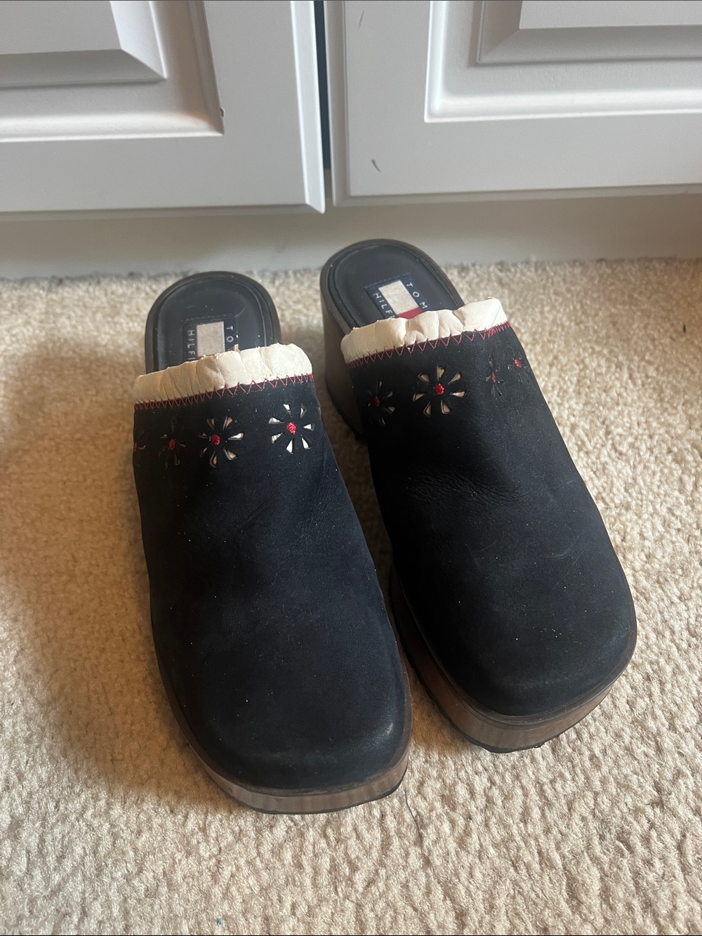 Tommy Hilfiger Black Suede Embroidered Clog Mules with Cream Trim